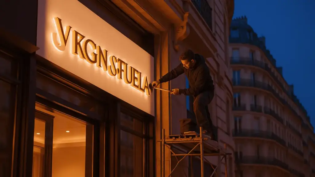 Paris luxury club facade with illuminated signage being modified at dusk on Avenue de la Grande Armée