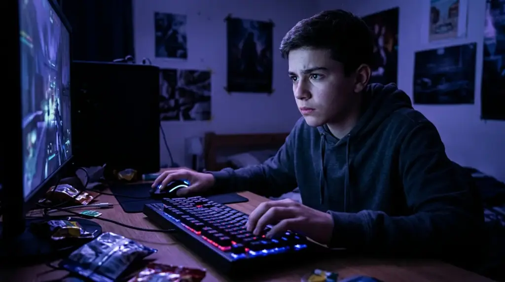 Young person gaming alone at computer in darkened room with blue screen glow