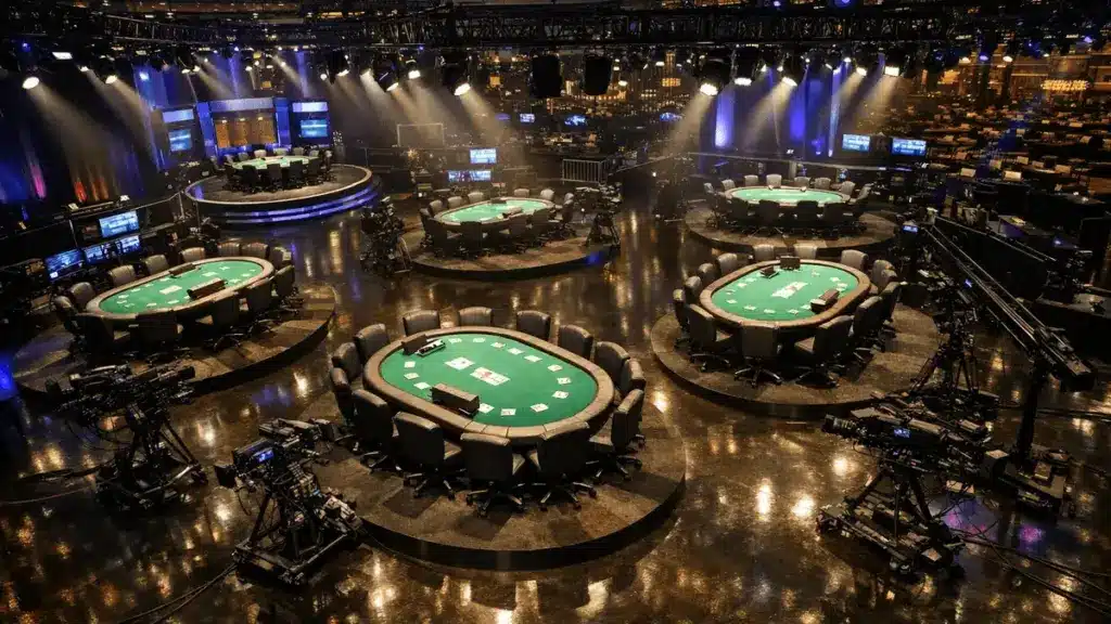 Professional poker broadcast stage with multiple tables under dramatic TV studio lighting at Las Vegas casino