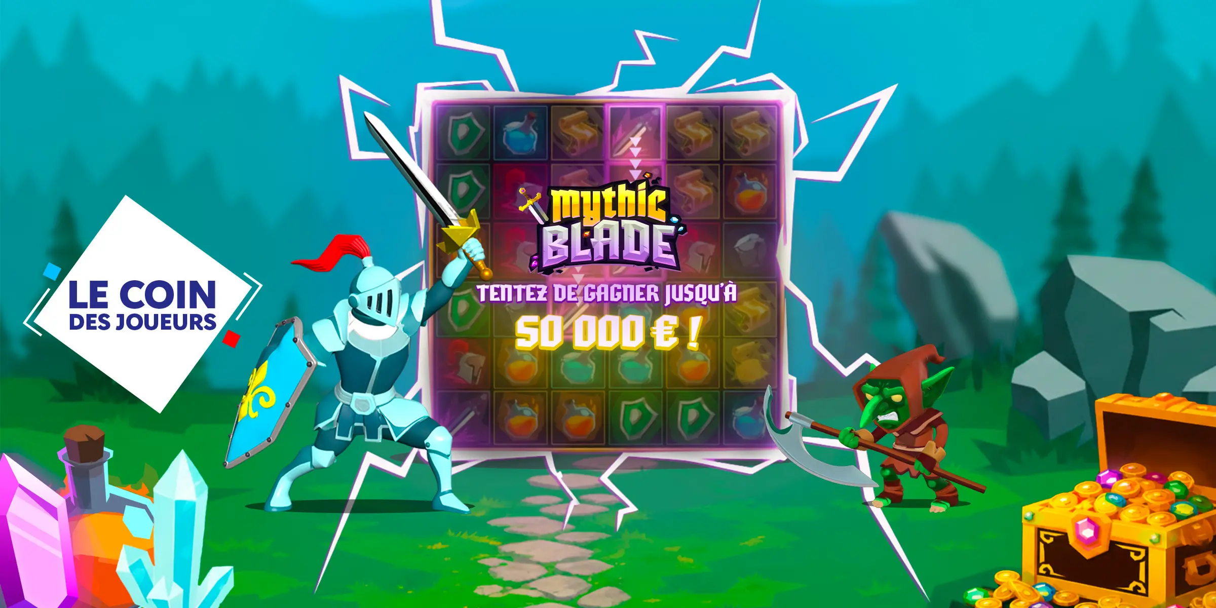 Game interface of Mythic Blade with knight and goblin characters and winning prize details.