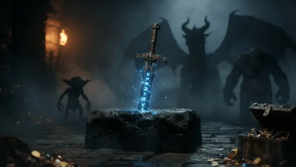 Medieval sword with glowing runes surrounded by monster silhouettes and treasure in atmospheric dungeon setting
