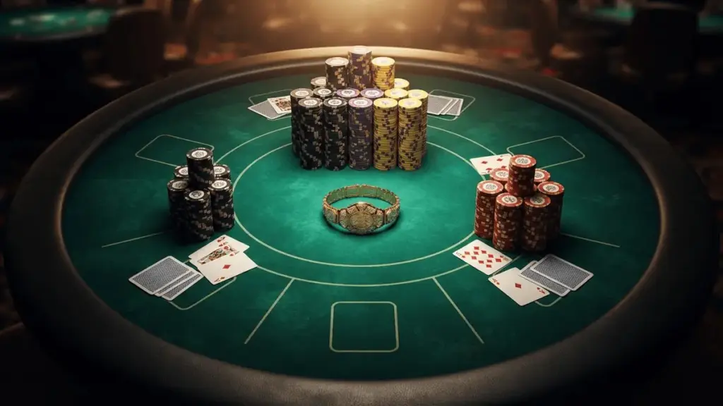 Overhead view of WSOP final table with poker chips, gold bracelet, and cards on green felt