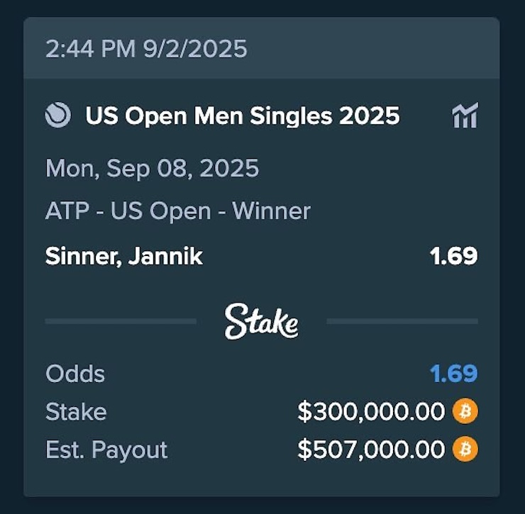 온라인 베팅 플랫폼 스테이크에서 US오픈 야닉시너에 베팅한 베팅 슬립을 공개한 래퍼 드레이크