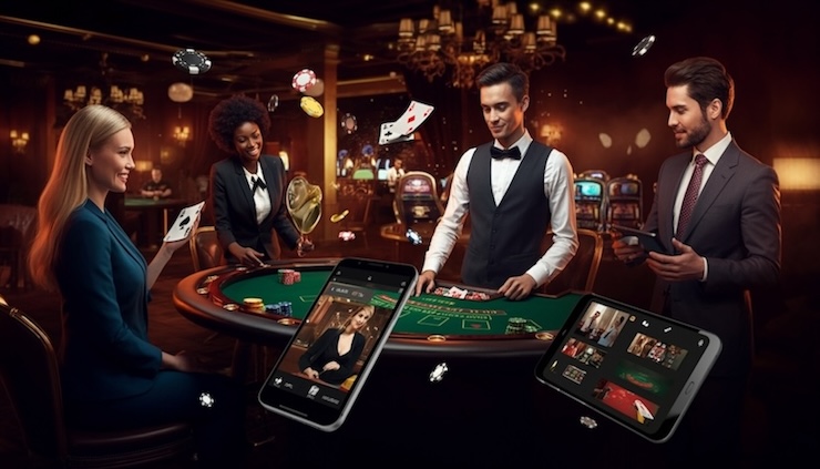 라이브 카지노 블랙잭 테이블에서 딜러와 플레이어들이 게임을 즐기고 있음