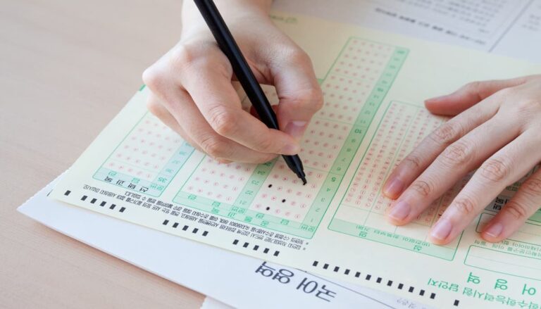 대한민국 수능 답안지와 국어 영어 시험지