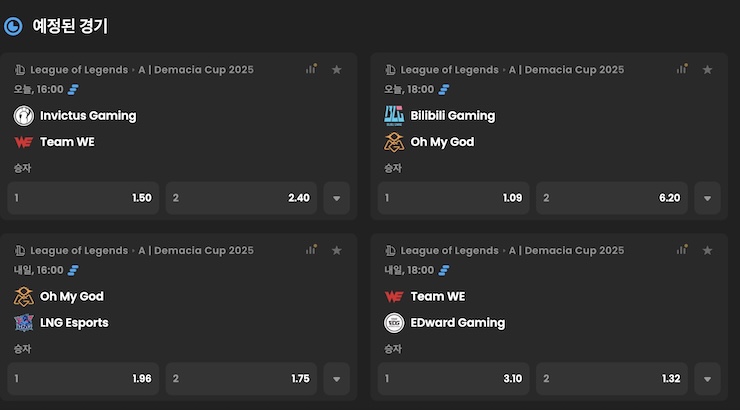스포츠 베팅 사이트의 리그 오브 레전드 대회 배당률