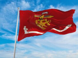 대한민국 해병대 깃발이 바람에 흔들리고 있다