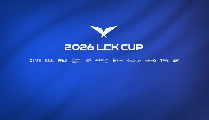 2026 LCK CUP 공식 로고와 스폰서가 표시된 파란색 배경 이미지.