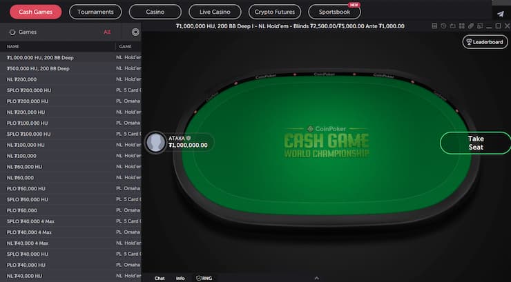 온라인 포커 플랫폼의 캐시 게임 로비 화면으로, 중앙에 초록색 포커 테이블과 “Cash Game World Championship” 문구가 보인다.