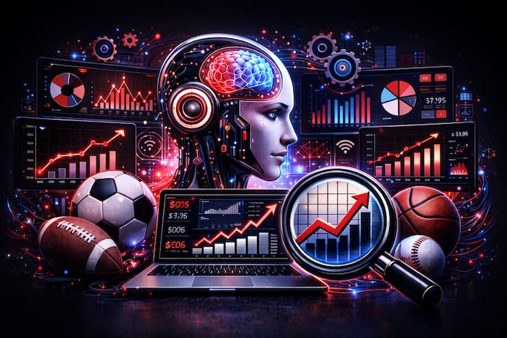 빨간색과 파란색 네온 조명이 강조된 미래적인 AI 로봇 얼굴이 스포츠 데이터 분석 화면과 그래프, 축구공·농구공·야구공 등 스포츠 장비와 함께 배치된 실제감 있는 AI 스포츠 분석 장면.