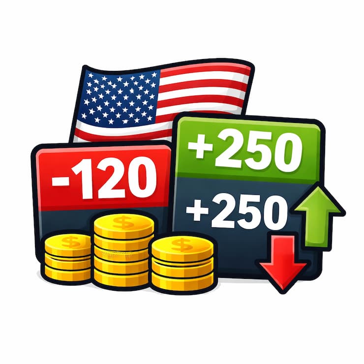 미국 국기와 함께 -120, +250으로 표시된 미국식 배당률 아이콘, 상승·하락 화살표와 코인 그래픽 포함