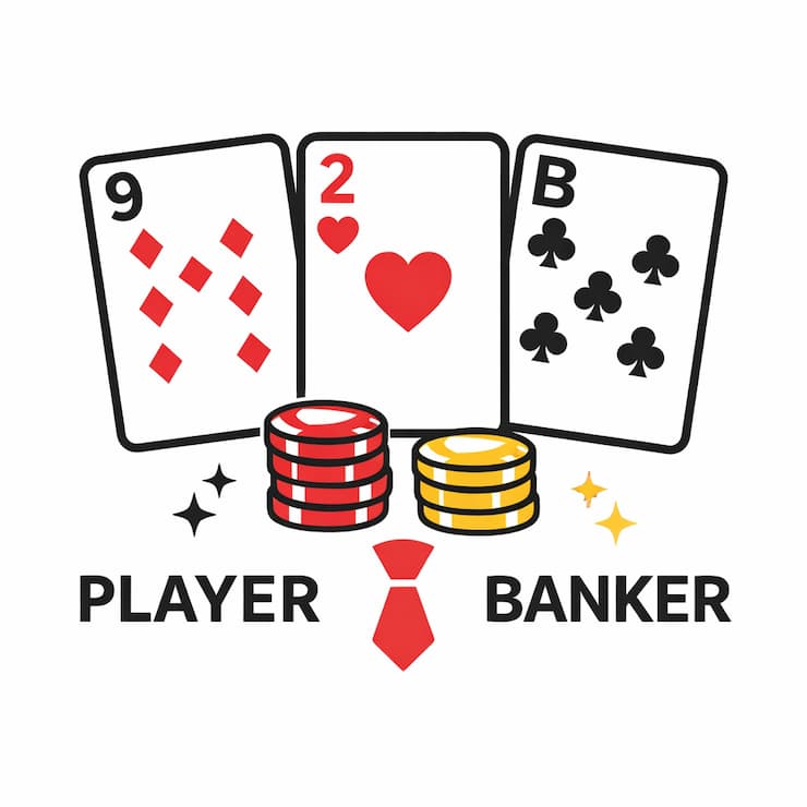 플레이어와 뱅커 카드, 칩이 배치된 심플한 바카라 아이콘 일러스트