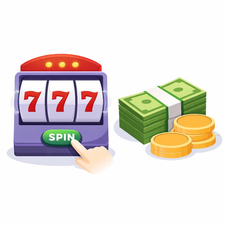 슬롯 머신과 현금, 금화를 표현한 슬롯 게임 베팅 일러스트.
