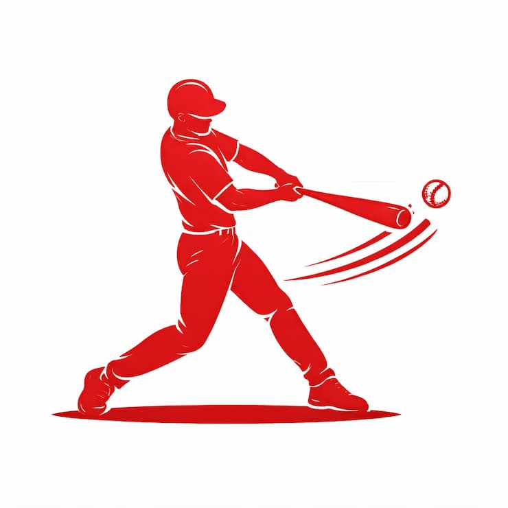 빨간 단색 실루엣으로 표현된 야구 선수가 배트를 휘둘러 공을 타격하는 장면의 아이콘