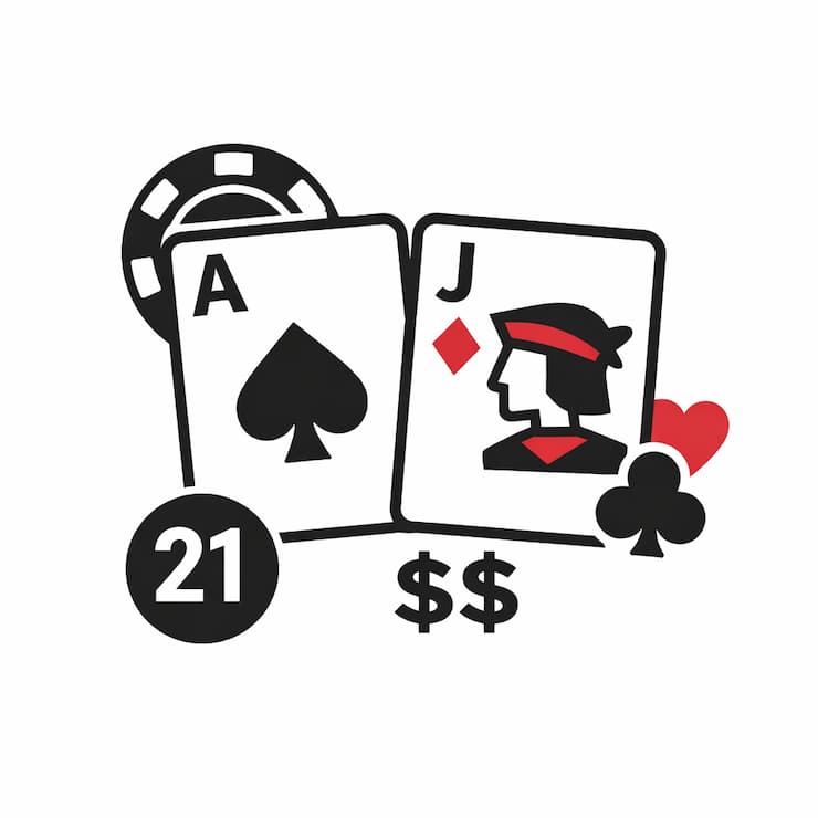에이스와 잭으로 구성된 블랙잭 21 패를 표현한 미니멀 아이콘 이미지