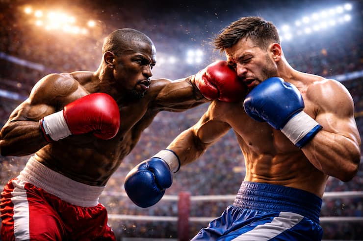 경기장 조명 아래에서 두 명의 복서가 링 위에서 서로 펀치를 주고받는 박진감 있는 복싱 대결 장면