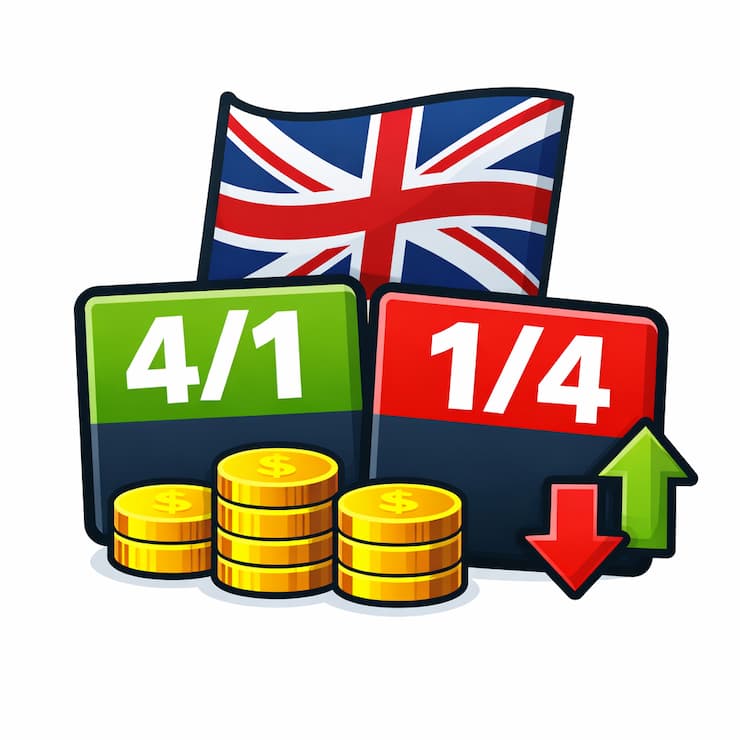 영국 국기 배경에 4/1, 1/4 분수 형태로 표시된 영국식 배당률 아이콘과 코인 그래픽