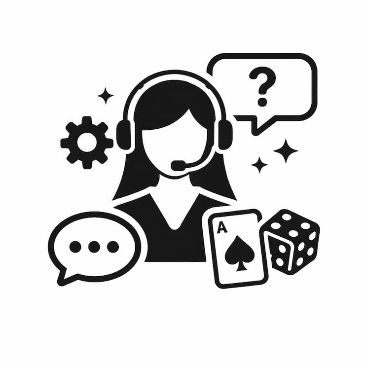 헤드셋을 착용한 상담원과 말풍선, 톱니바퀴, 카드와 주사위가 함께 표현되어 신속한 상담과 지원 서비스를 나타낸 이미지