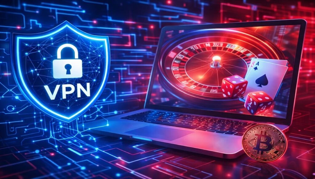 카지노 VPN 보안, 암호화 연결, 온라인 카지노 접속을 표현한 이미지