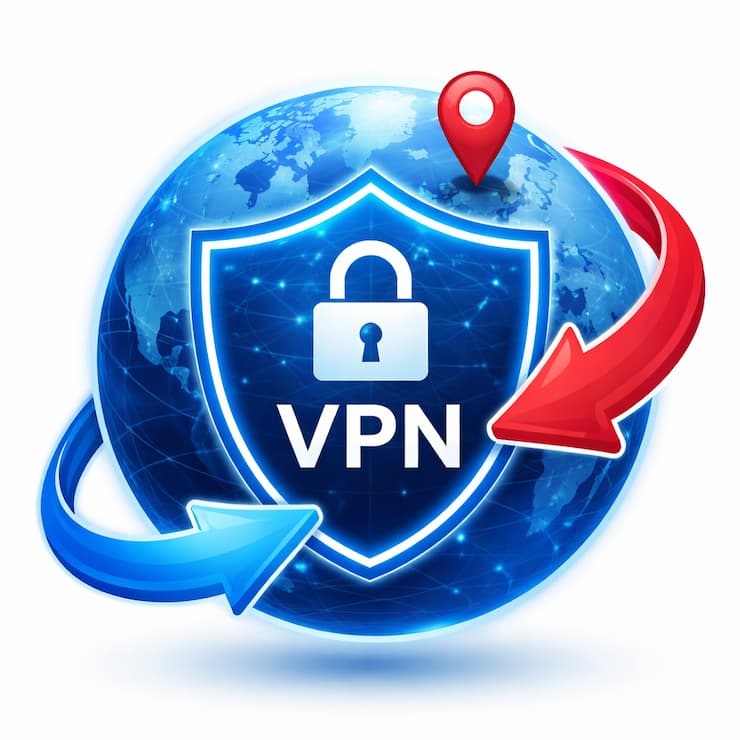 VPN을 통한 지역 변경과 보안을 상징하는 카지노 VPN 이미지