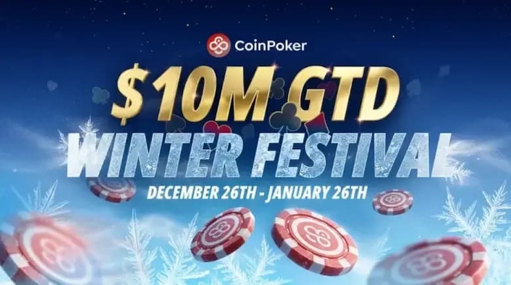 “코인포커 윈터 페스티벌 프로모션 배너. ‘$10M GTD Winter Festival’와 ‘December 26th – January 26th’ 문구가 크게 표시됨.”