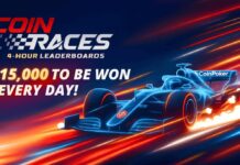 코인레이스 $15,000, 3월부터 상시 프로모션으로 운영 포뮬러 레이싱카 일러스트와 함께 ‘COIN RACES – 4-HOUR LEADERBOARDS’ 문구가 보이는 프로모션 배너. ‘매일 $15,000 상금’ 강조 문구 포함