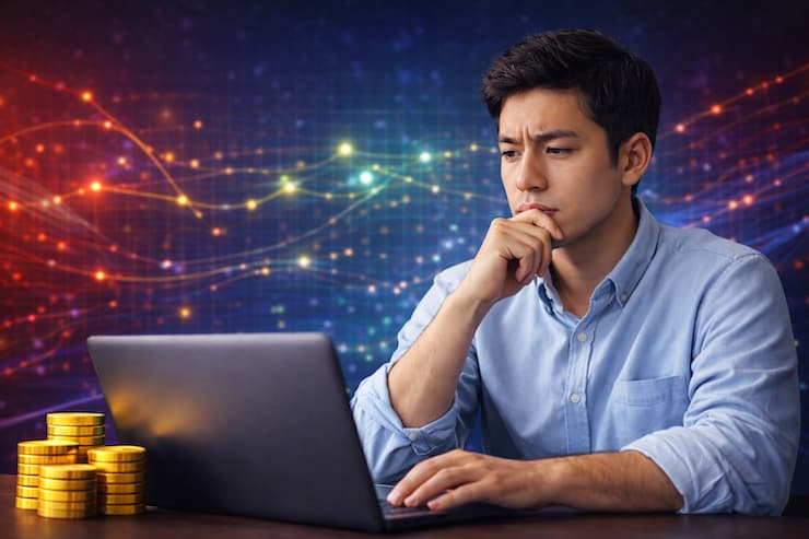 노트북 앞에서 턱을 괴고 고민하는 젊은 남성의 모습. 화면을 바라보며 신중하게 판단하는 분위기를 표현한 이미지.