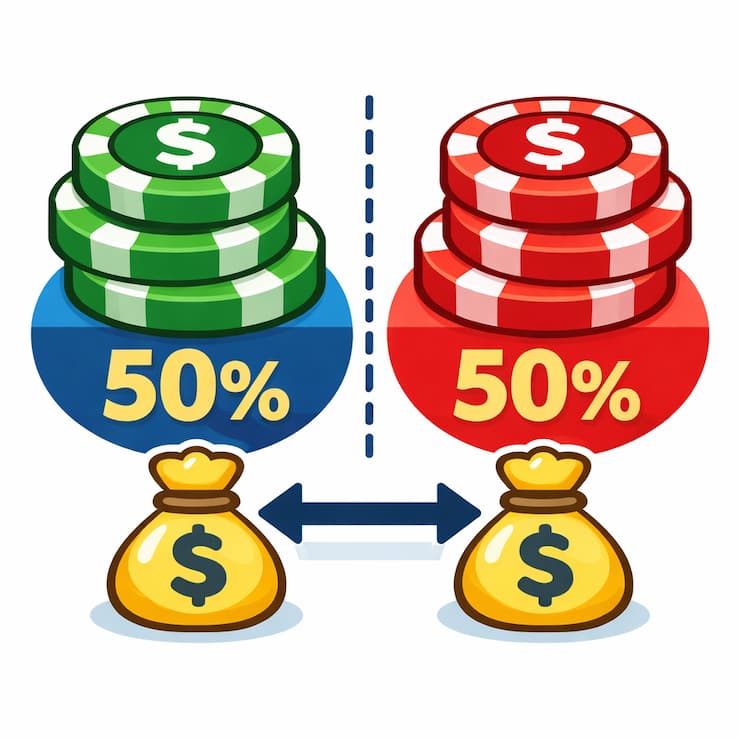 카지노 복수베팅 기능을 설명하는 이미지. 양쪽에 50%씩 분배하여 베팅한 모습