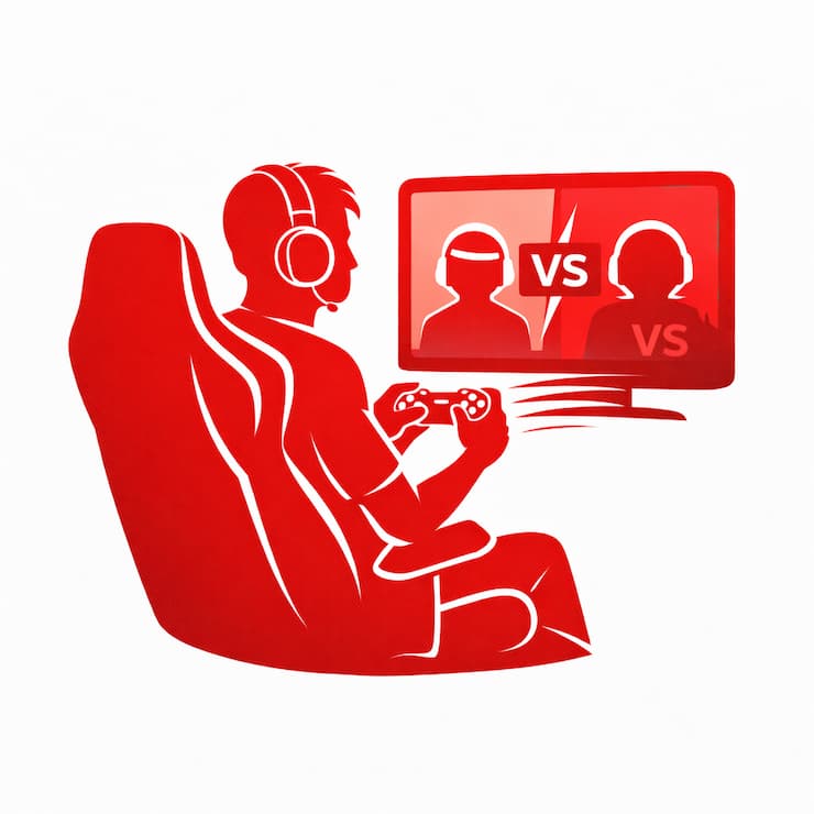 헤드셋을 착용한 e스포츠 플레이어가 게임 화면을 보며 컨트롤러를 조작하는 빨간 실루엣 아이콘