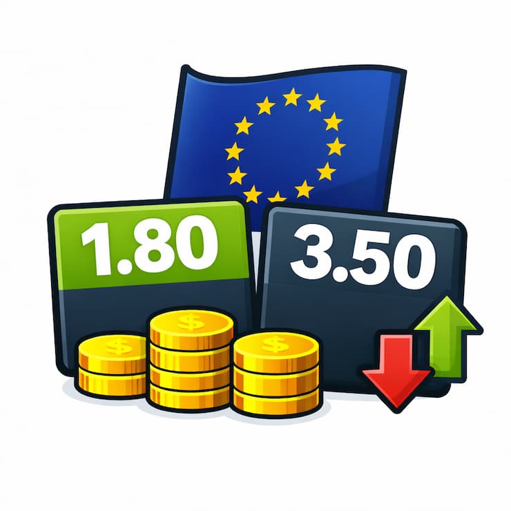 유럽 연합 국기 배경에 1.80과 3.50 소수점 형태로 표시된 유럽식 배당률 아이콘, 코인과 배당 상승·하락 화살표가 함께 표현된 일러스트