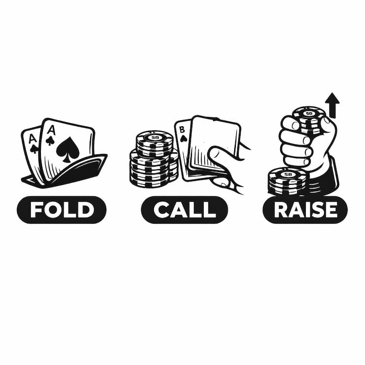 포커에서 선택할 수 있는 행동인 폴드, 콜, 레이즈를 각각 카드와 칩 아이콘으로 표현한 흑백 일러스트