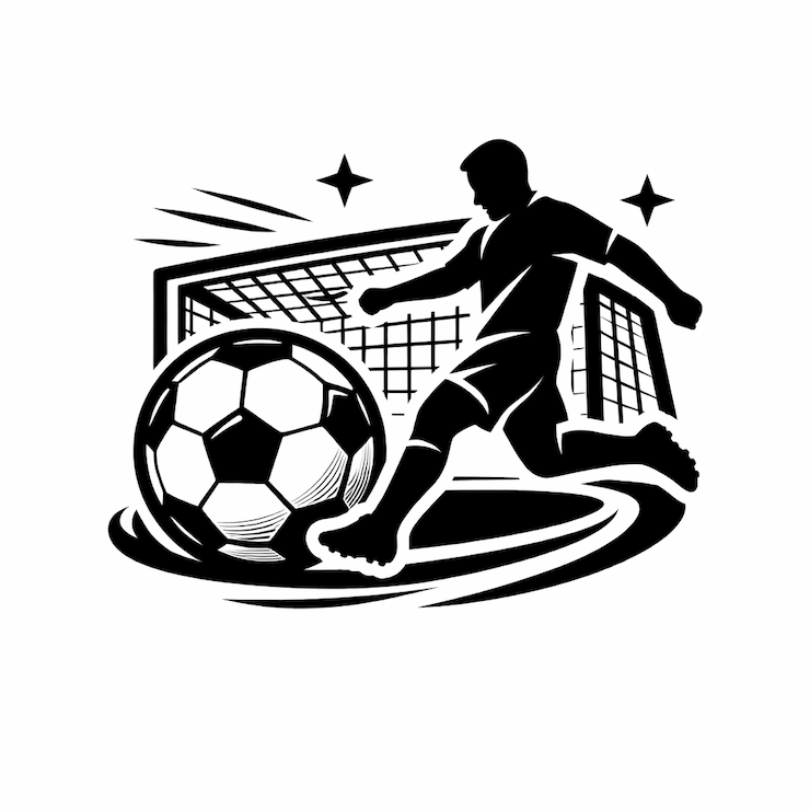 축구를 상징하는 아이콘 축구 선수와 축구공 골대가 배치되어 있다