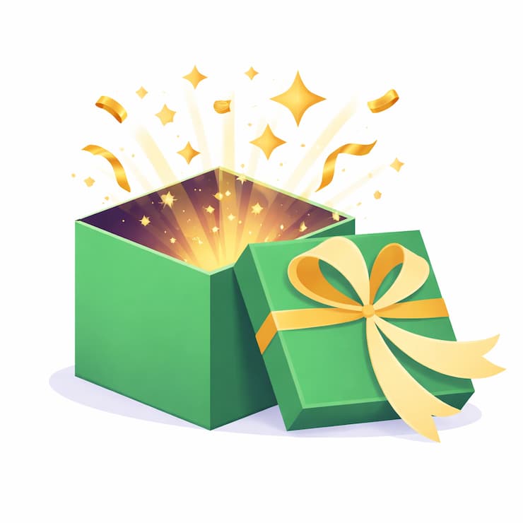 열린 초록색 선물 상자에서 빛과 금색 효과가 퍼져 나오는 일러스트로 슬롯 게임의 보너스 기능과 보상을 상징하는 이미지.