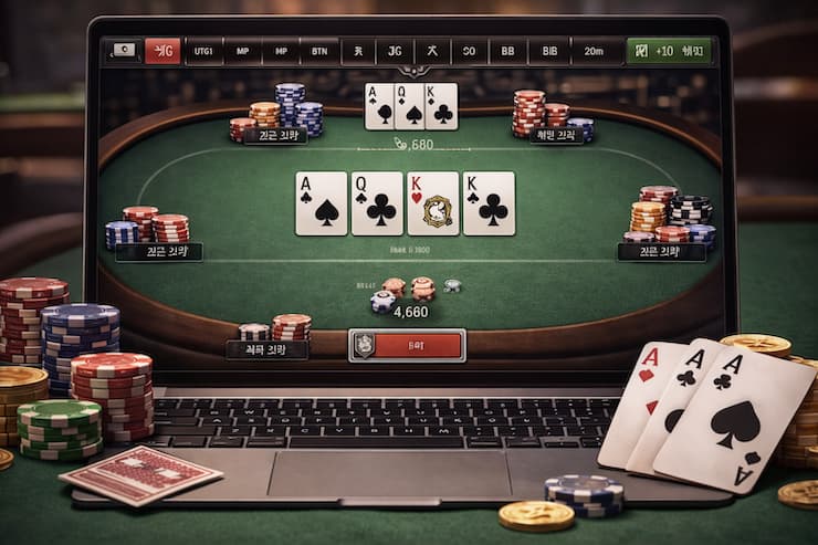온라인 텍사스 홀덤 게임 화면을 클로즈업으로 보여주는 이미지로, 노트북 화면에 포커 테이블과 카드, 칩 스택이 차분한 색감으로 표시된 장면