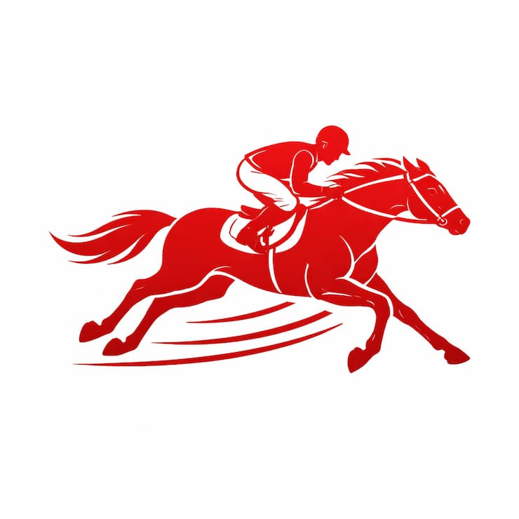 기수가 말을 타고 질주하는 모습을 빨간 단색 실루엣으로 표현한 경마 아이콘