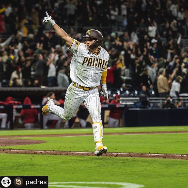 야구 경기장에서 줄무늬 유니폼을 입은 김하성이 홈을 밟은 뒤 한 손을 들어 올리며 세리머니를 하는 장면. 관중석에서 팬들이 환호하고 있다.