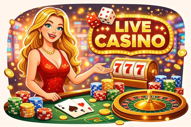 딜러와 카지노 테이블, 칩과 룰렛으로 표현된 라이브 카지노 일러스트 이미지