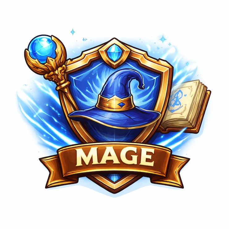 리그오브레전드 마법사 상징 아이콘. 마법사를 상징하는 모자와 마법 봉, 마법 책이 묘사되어있다