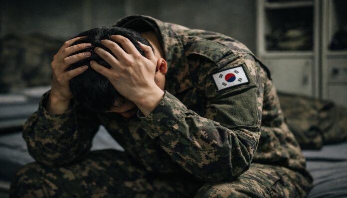 부대 내 좌절하는 모습의 육군 모습