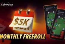 1월 30일 $5,000 모바일 월간 프리롤 – 윈터 마스터즈 막바지와 겹치는 최적의 타이밍 코인포커 모바일 월간 프리롤 홍보 이미지. 붉은 배경에 ‘$5K Monthly Freeroll’ 달력 아이콘이 보이며, 스마트폰 화면에는 포커 테이블과 카드가 표시됨