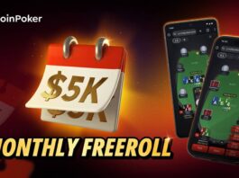 1์ 30์ผ $5,000 ๋ชจ๋ฐ์ผ ์๊ฐ ํ๋ฆฌ๋กค โ ์ํฐ ๋ง์คํฐ์ฆ ๋ง๋ฐ์ง์ ๊ฒน์น๋ ์ต์ ์ ํ์ด๋ฐ ์ฝ์ธํฌ์ปค ๋ชจ๋ฐ์ผ ์๊ฐ ํ๋ฆฌ๋กค ํ๋ณด ์ด๋ฏธ์ง. ๋ถ์ ๋ฐฐ๊ฒฝ์ โ$5K Monthly Freerollโ ๋ฌ๋ ฅ ์์ด์ฝ์ด ๋ณด์ด๋ฉฐ, ์ค๋งํธํฐ ํ๋ฉด์๋ ํฌ์ปค ํ
์ด๋ธ๊ณผ ์นด๋๊ฐ ํ์๋จ