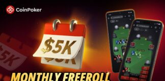 1์ 30์ผ $5,000 ๋ชจ๋ฐ์ผ ์๊ฐ ํ๋ฆฌ๋กค โ ์ํฐ ๋ง์คํฐ์ฆ ๋ง๋ฐ์ง์ ๊ฒน์น๋ ์ต์ ์ ํ์ด๋ฐ ์ฝ์ธํฌ์ปค ๋ชจ๋ฐ์ผ ์๊ฐ ํ๋ฆฌ๋กค ํ๋ณด ์ด๋ฏธ์ง. ๋ถ์ ๋ฐฐ๊ฒฝ์ โ$5K Monthly Freerollโ ๋ฌ๋ ฅ ์์ด์ฝ์ด ๋ณด์ด๋ฉฐ, ์ค๋งํธํฐ ํ๋ฉด์๋ ํฌ์ปค ํ
์ด๋ธ๊ณผ ์นด๋๊ฐ ํ์๋จ