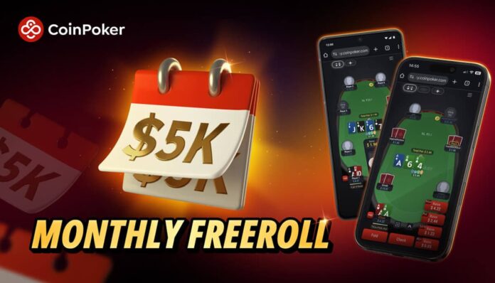 코인포커 모바일 월간 프리롤 홍보 이미지. 붉은 배경에 ‘$5K Monthly Freeroll’ 달력 아이콘이 보이며, 스마트폰 화면에는 포커 테이블과 카드가 표시됨