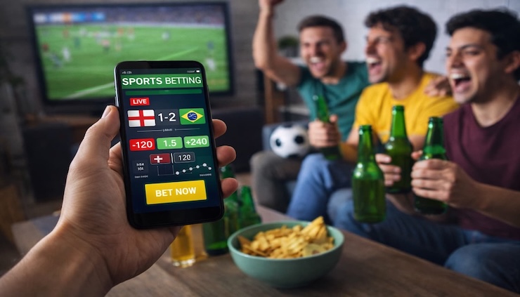 거실에서 축구 경기를 시청하며 응원하는 사람들 앞에서, 한 사람이 스마트폰으로 스포츠 베팅 앱을 확인하고 있는 장면. TV 화면에는 경기가 재생되고, 테이블 위에는 간단한 음식과 음료가 놓여 있는 실사 이미지.