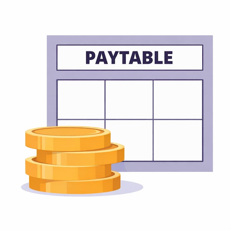 페이테이블 표와 그 앞에 쌓인 금화를 함께 표현한 일러스트