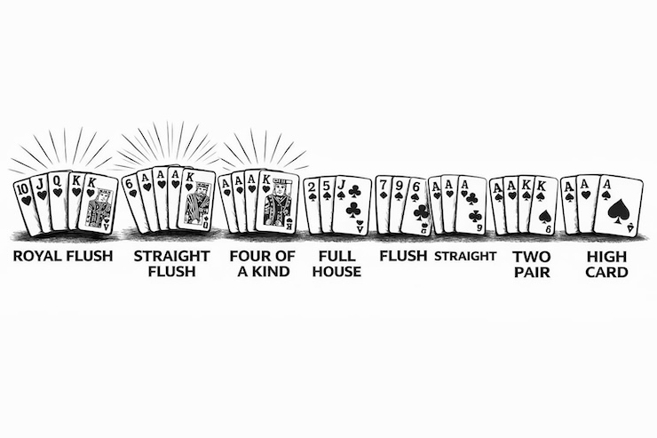 흑백 일러스트로 표현된 포커 족보 순서 이미지. 카드 조합이 강한 순서대로 나열되어 있다.