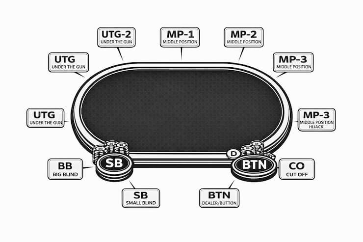 흑백 일러스트로 표현된 포커 테이블 상단 뷰 이미지로, UTG·MP·CO·BTN·SB·BB 등 포커 플레이어 포지션이 테이블 둘레에 표시되어 있으며 스몰 블라인드와 빅 블라인드 칩, 딜러 버튼 위치가 함께 나타나 있다.