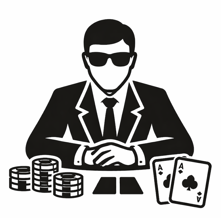 칩과 카드를 앞에 두고 앉아 있는 포커 플레이어를 표현한 흑백 아이콘