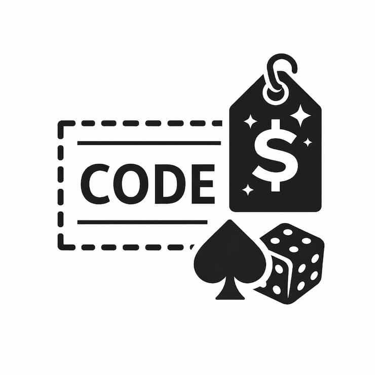 카지노 프로모션 코드 사용을 의미하는 흑백 아이콘, 할인 코드 태그와 주사위·카드 심볼이 포함된 이미지