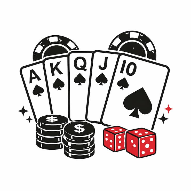 스페이드 로얄 플러시 카드 조합과 칩, 주사위를 표현한 심플 아이콘 일러스트